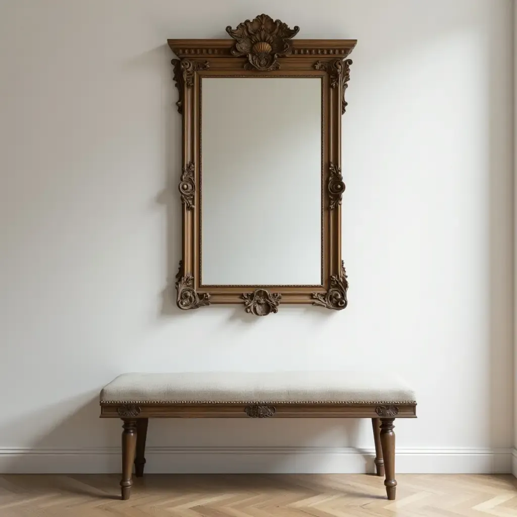 a photo of an antique mirror above a hallway bench