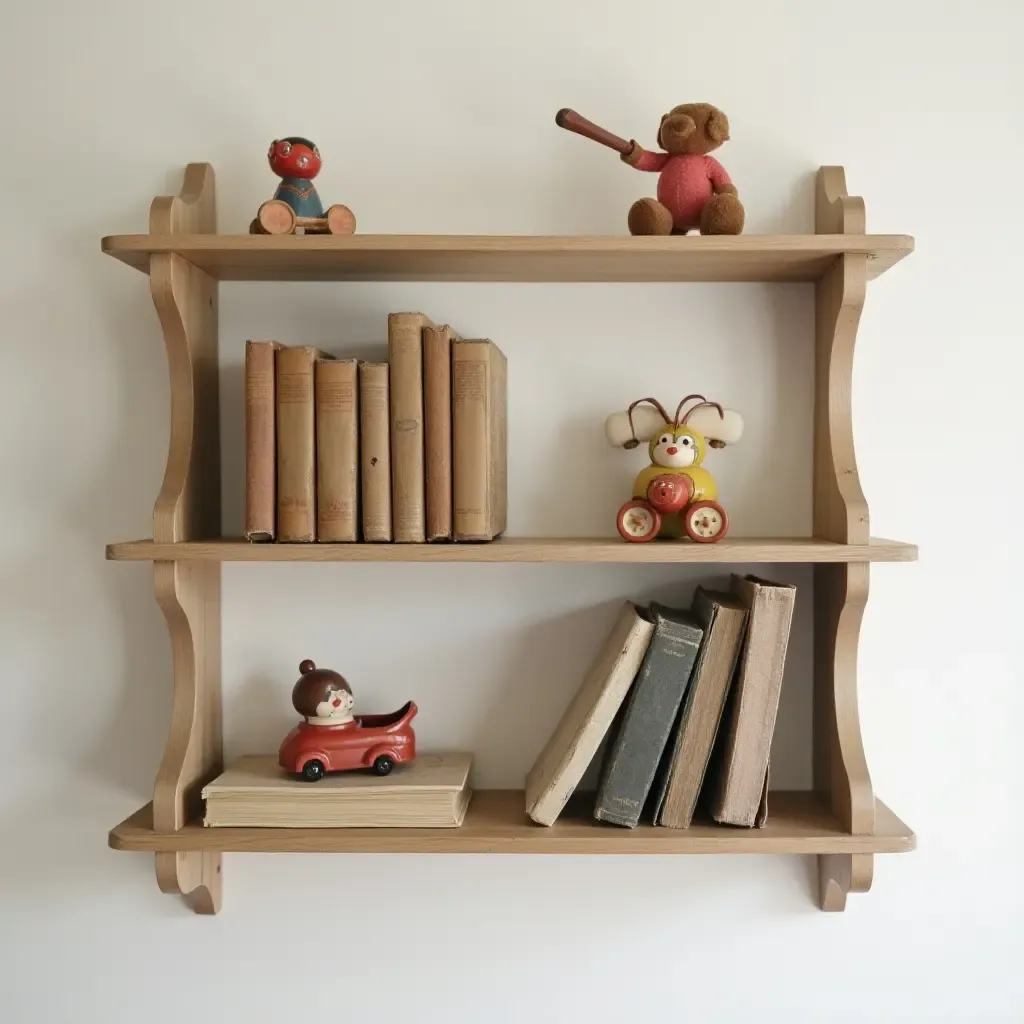 a photo of a vintage-inspired nursery shelf with antique toys and books