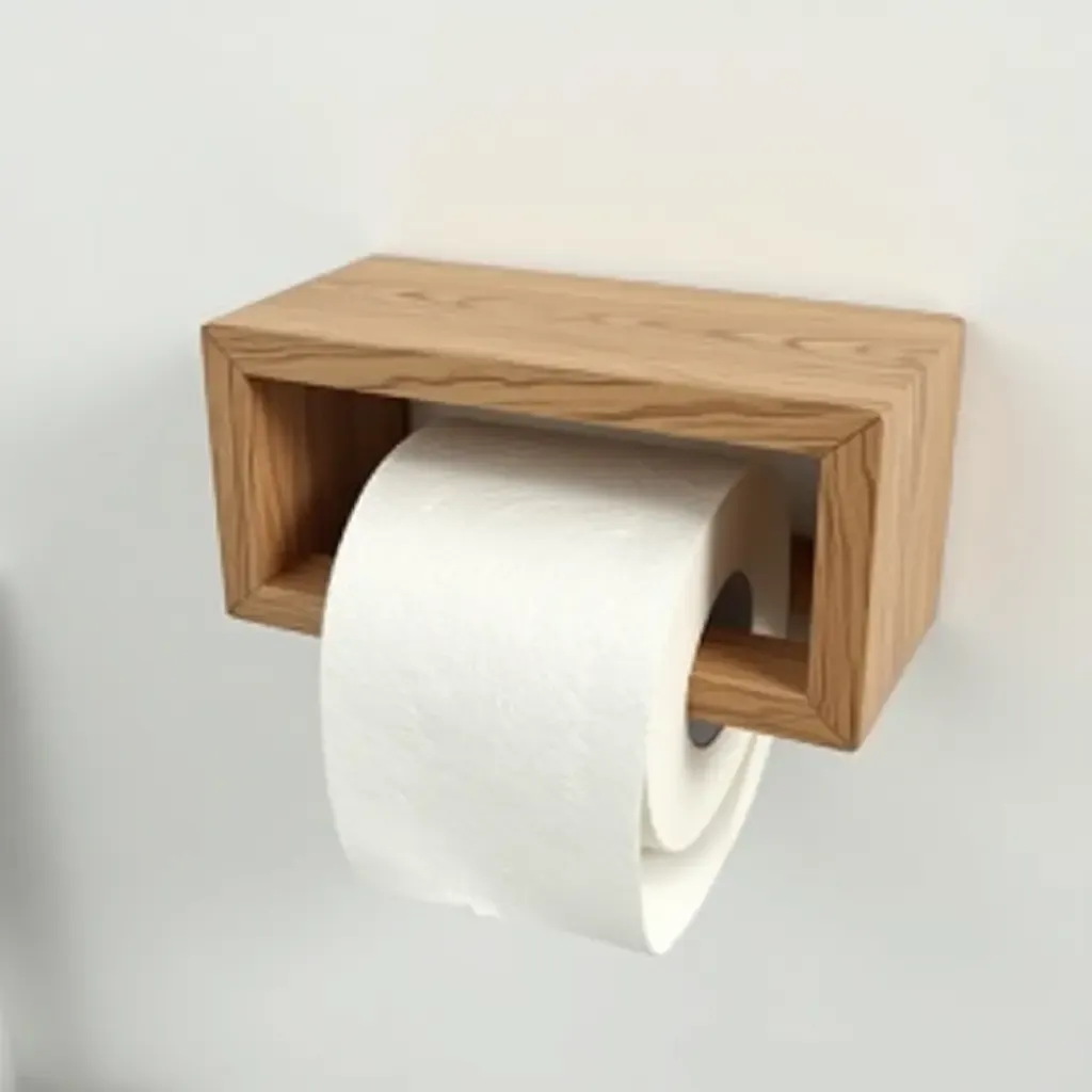 a photo of a creative toilet paper holder made from wood