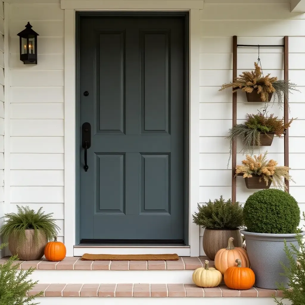 a photo of a charming entrance featuring a decorative ladder and seasonal accents