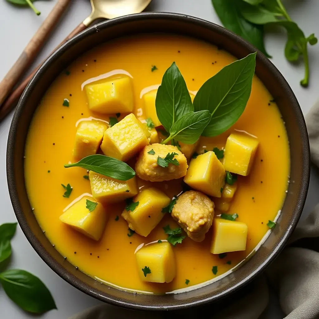 a photo of a tangy Thai green mango curry with chicken and kaffir lime leaves, colorful and fresh.