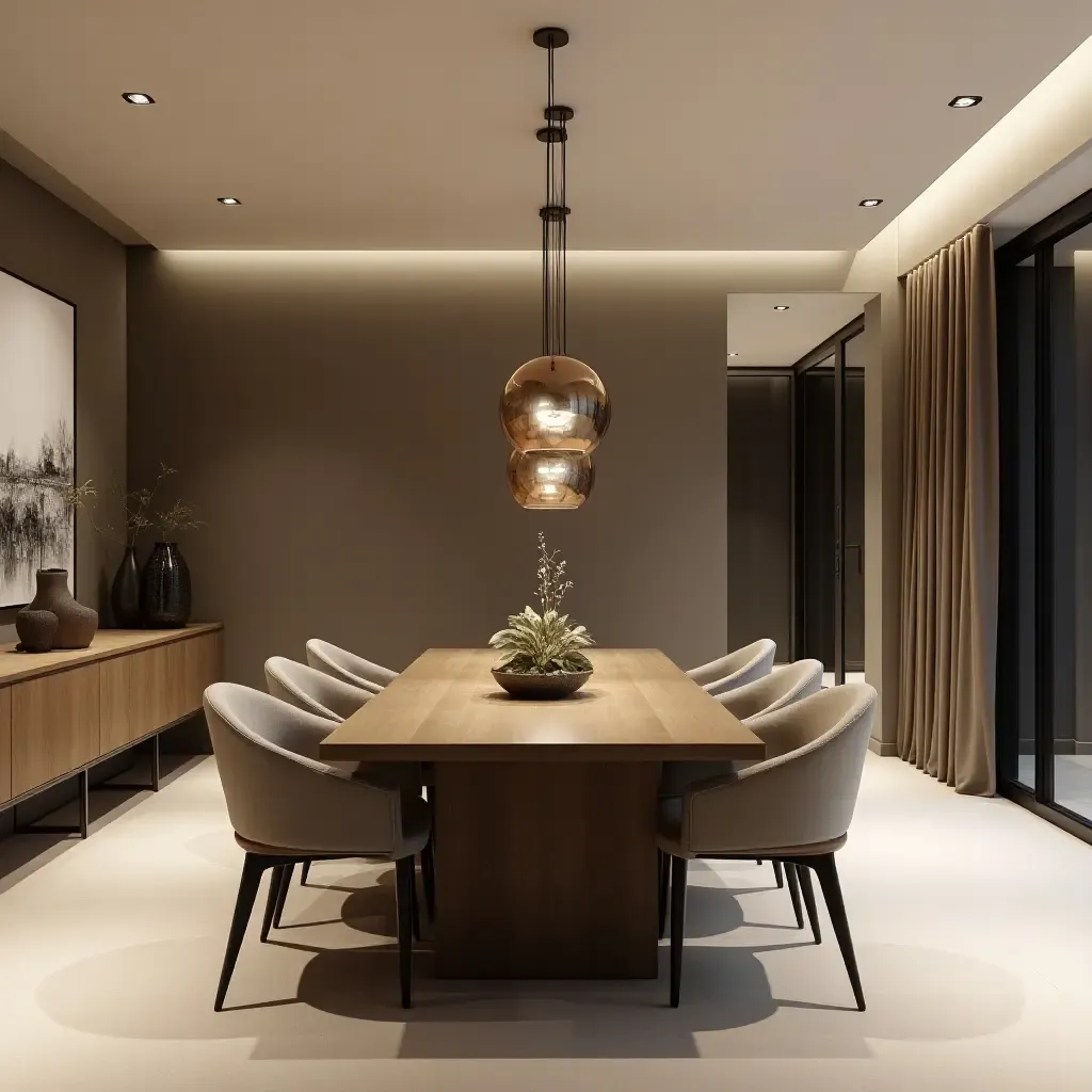 a photo of a minimalist basement dining area with elegant table