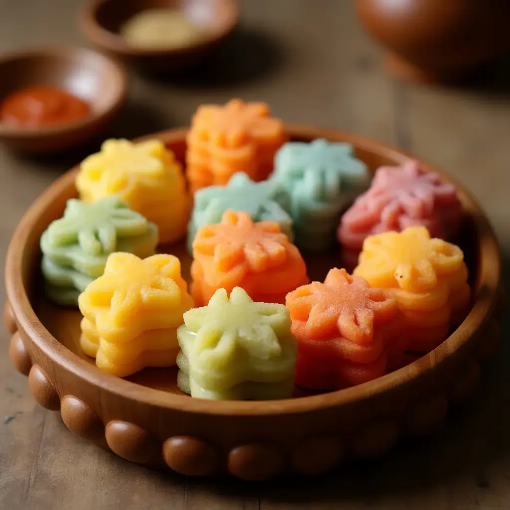 a photo of colorful Korean yakgwa cookies arranged on a traditional wooden tray.