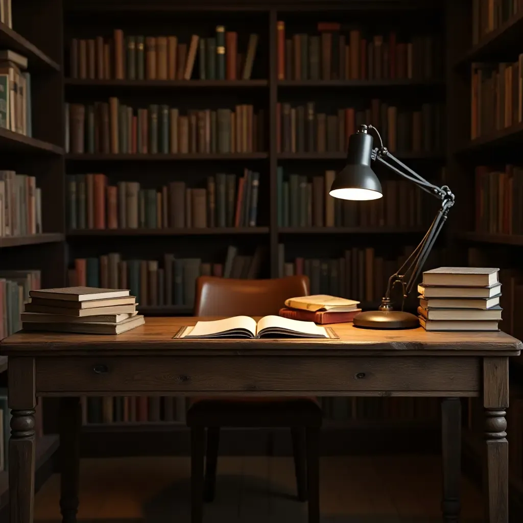 a photo of a rustic wooden desk surrounded by books in a library