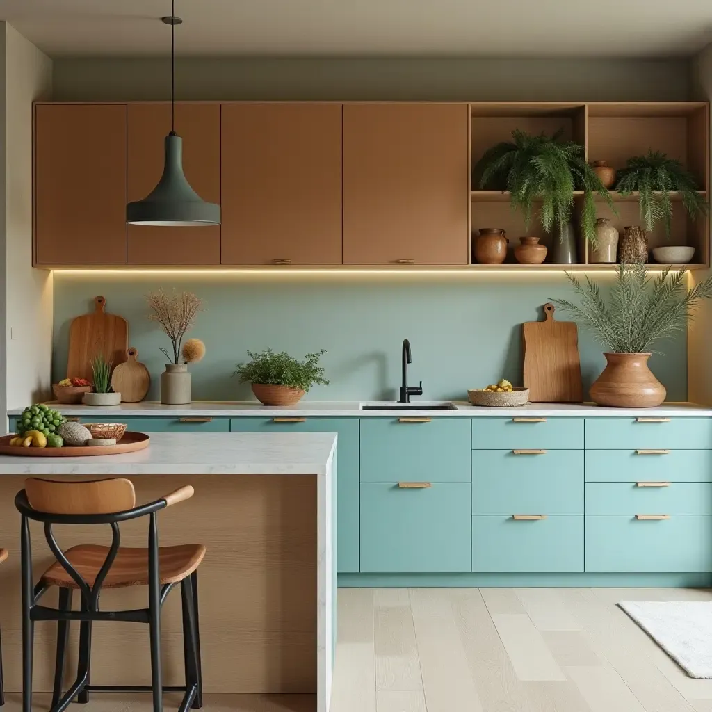 a photo of earthy brown and bright aqua cabinets in a nature-inspired kitchen