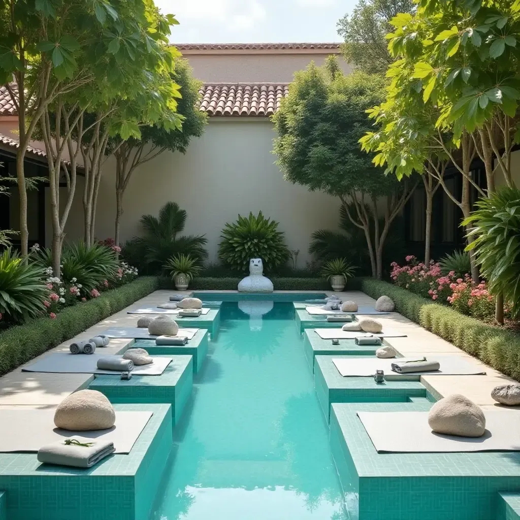 a photo of a poolside yoga space with mats and serene surroundings