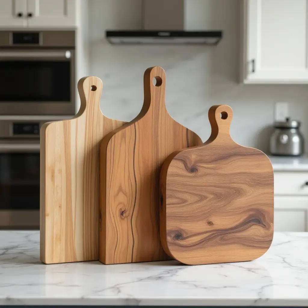 a photo of artistic cutting boards displayed on a stylish kitchen countertop