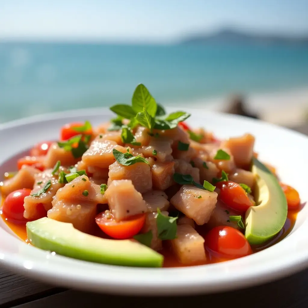 a photo of ceviche with fresh fish, tomatoes, and avocado in a seaside setting.