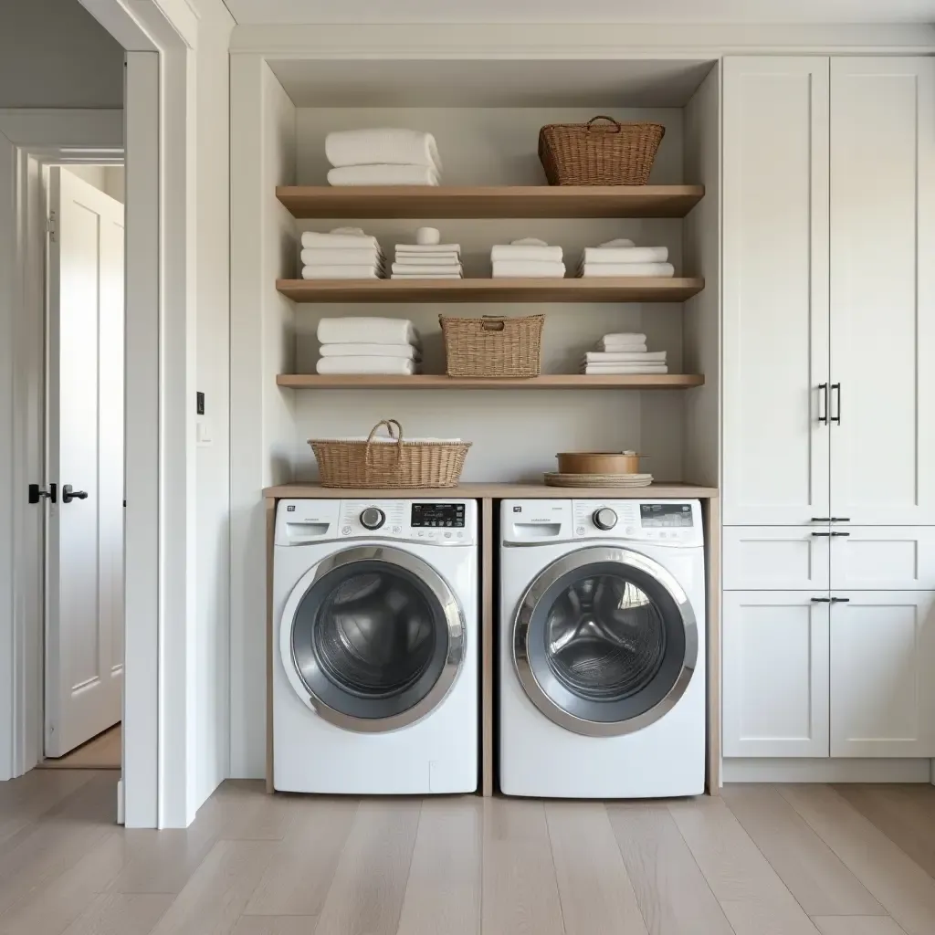 a photo of a stylish laundry room with organized storage and modern appliances