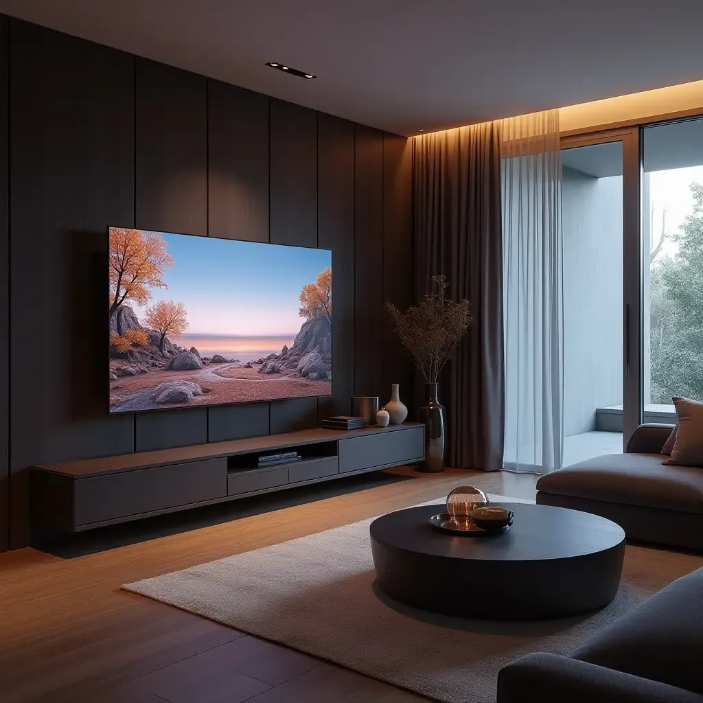 a photo of a futuristic TV room with smart home integration and voice control