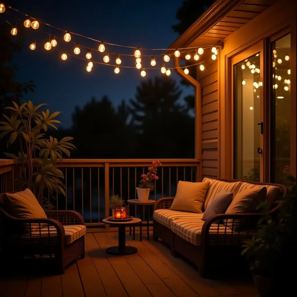 a photo of a balcony with metallic string lights and cozy seating