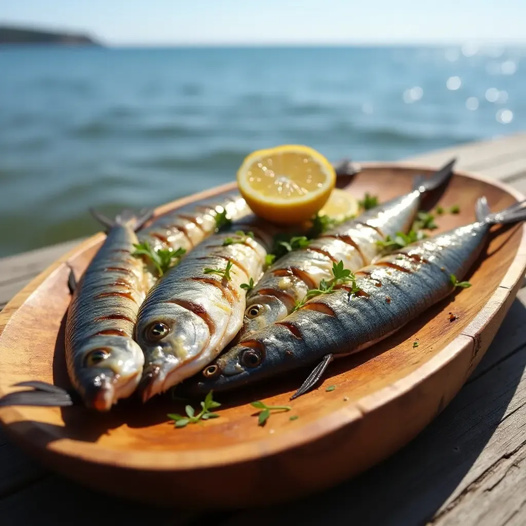 a photo of grilled sardines with lemon and herbs, served on a wooden platter by the seaside.