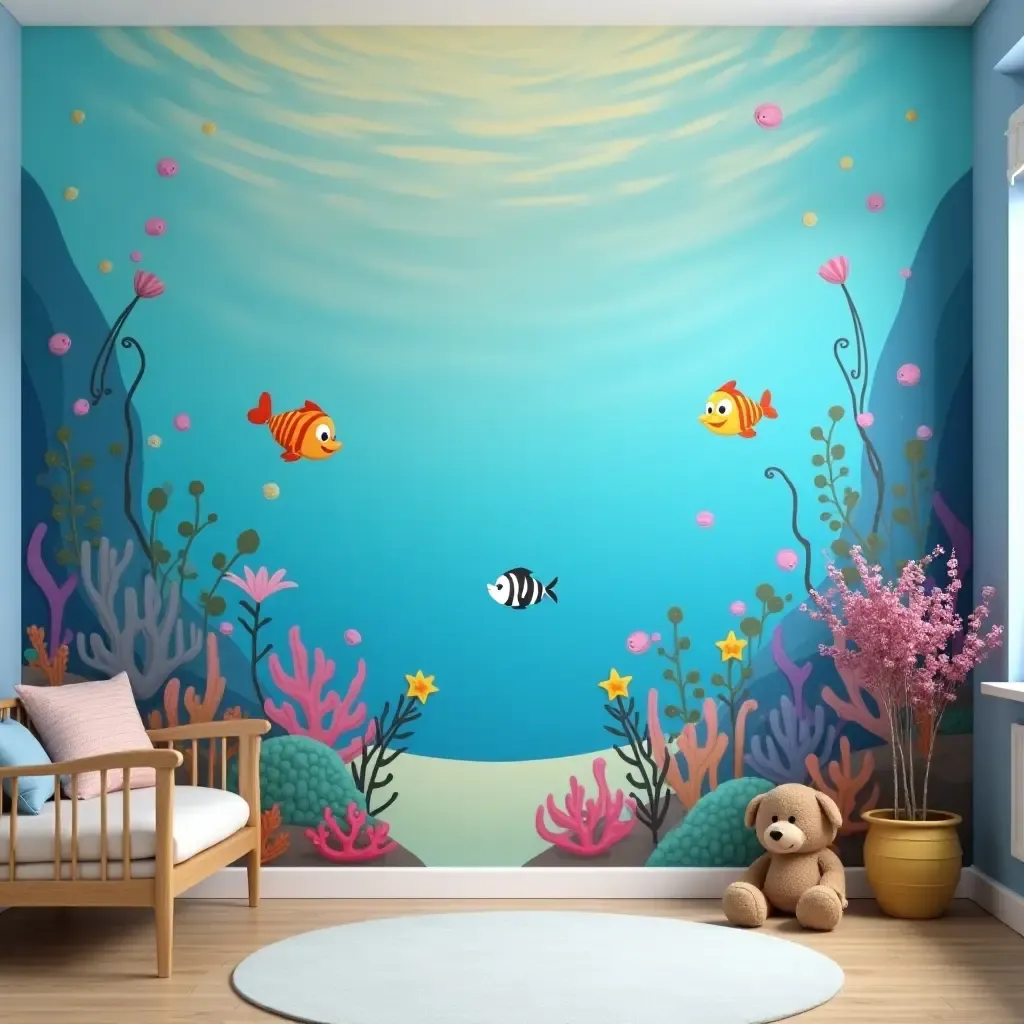 a photo of a cheerful underwater mural in a playroom