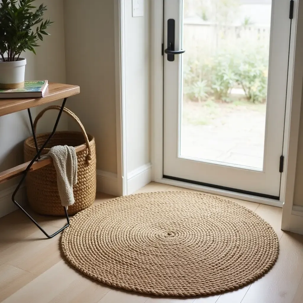 a photo of a round jute rug adding texture to a cozy entryway