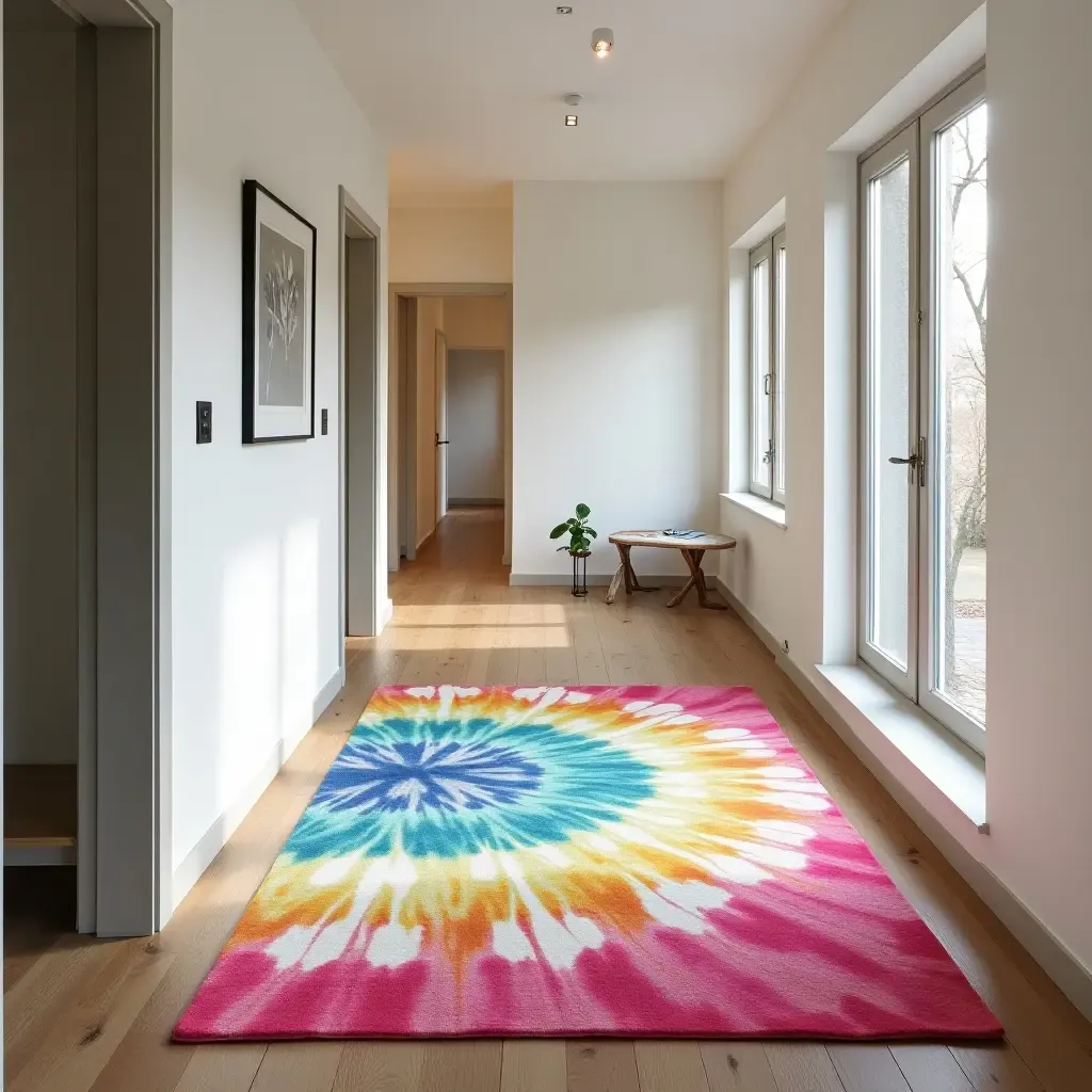 a photo of a vibrant, tie-dye rug in a casual corridor