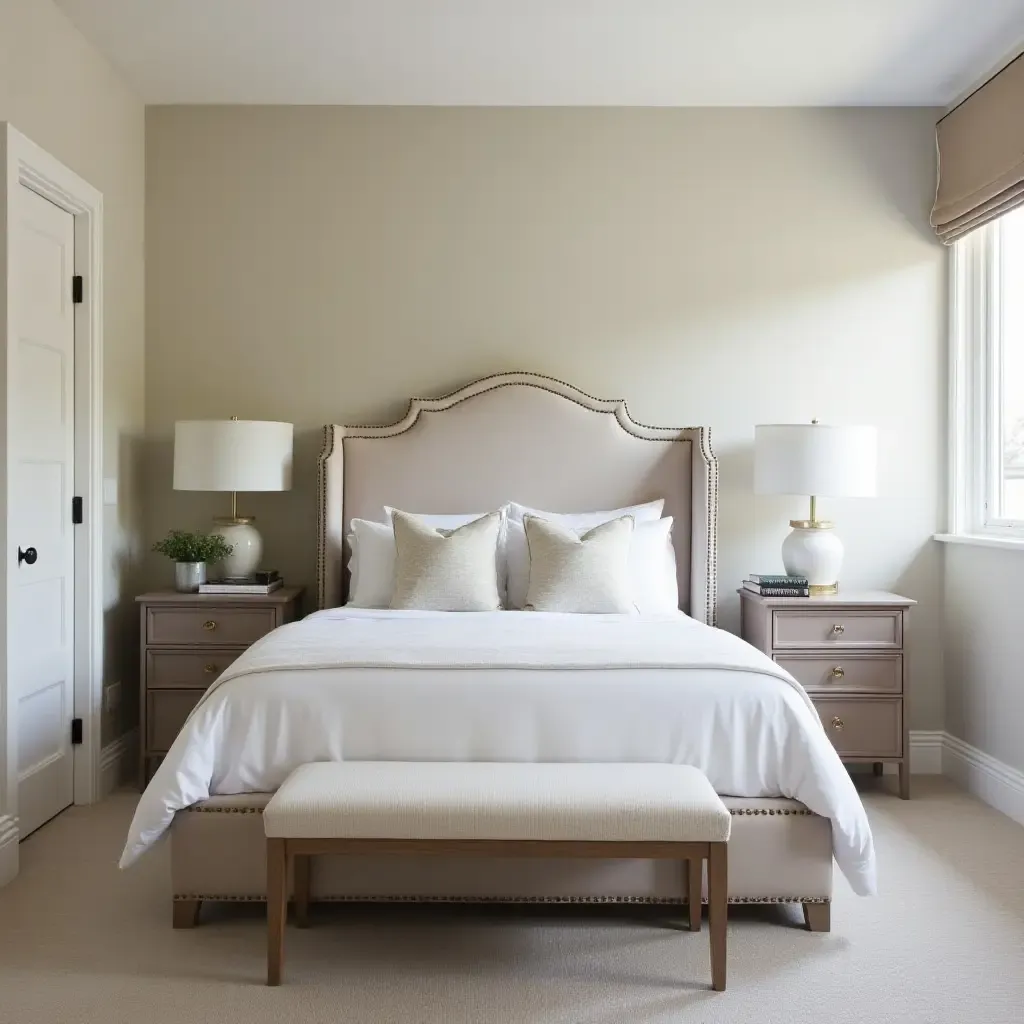 a photo of a classic upholstered headboard in a basement bedroom