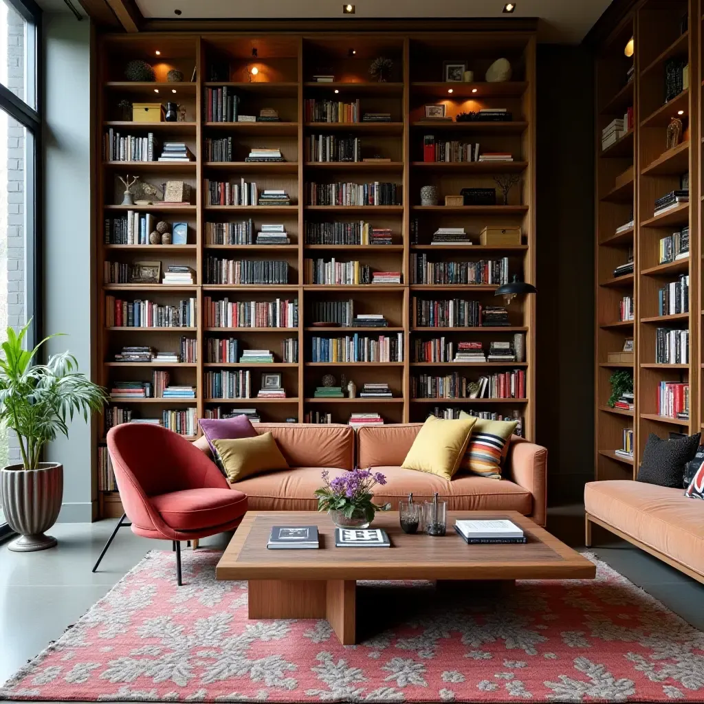 a photo of an eclectic library blending wood, metal, and colorful fabrics