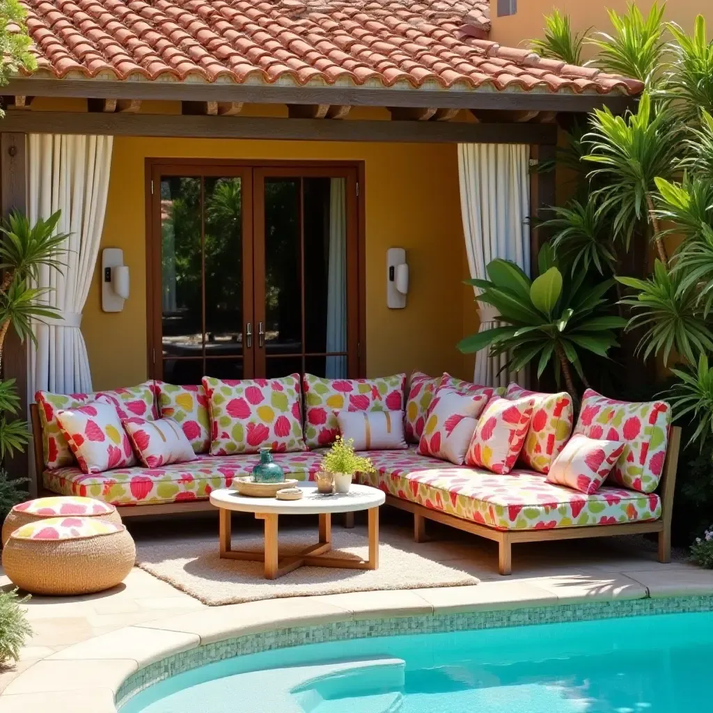 a photo of a poolside lounge with colorful textiles and Mediterranean flair