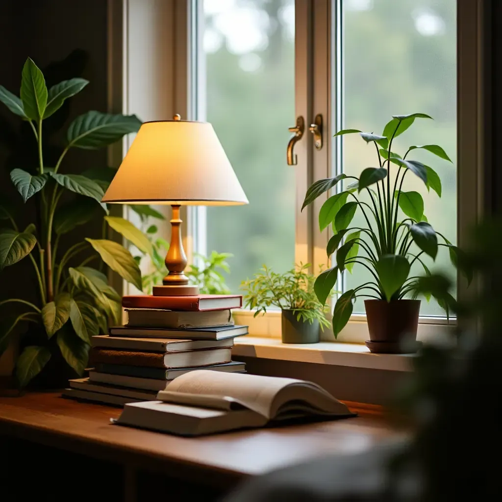 a photo of a serene nook with plants, a lamp, and a stack of books