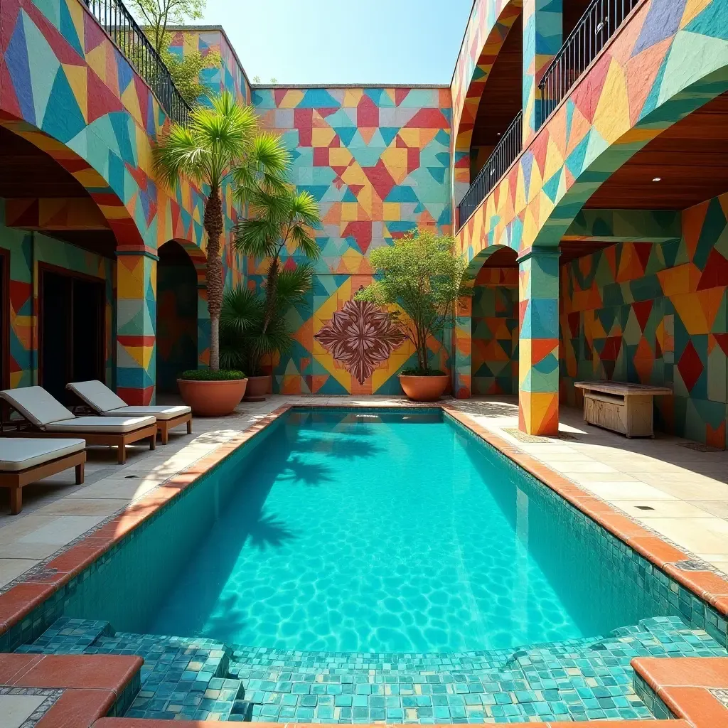 a photo of a vibrant pool area with colorful tiles and artistic mosaics