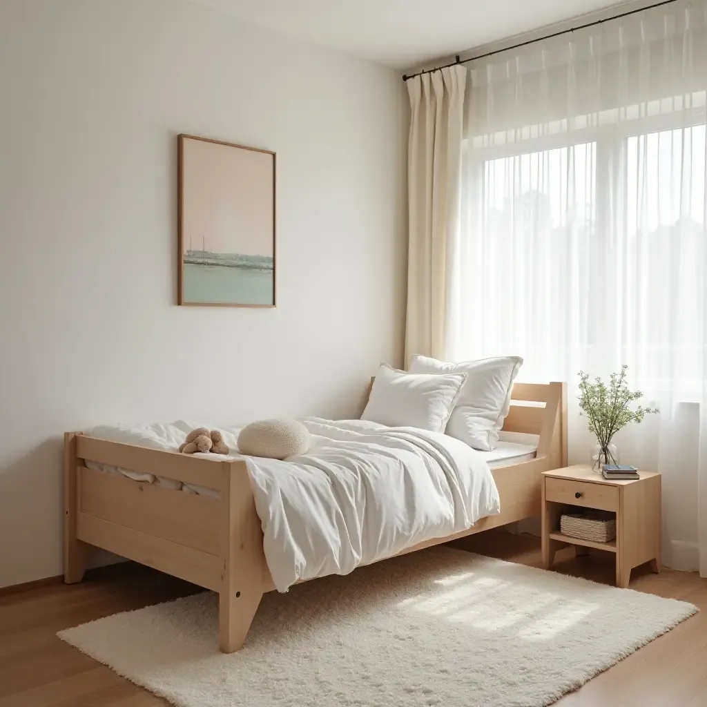 a photo of a cozy minimalist kids&#x27; bedroom with a low-profile bed and soft linens