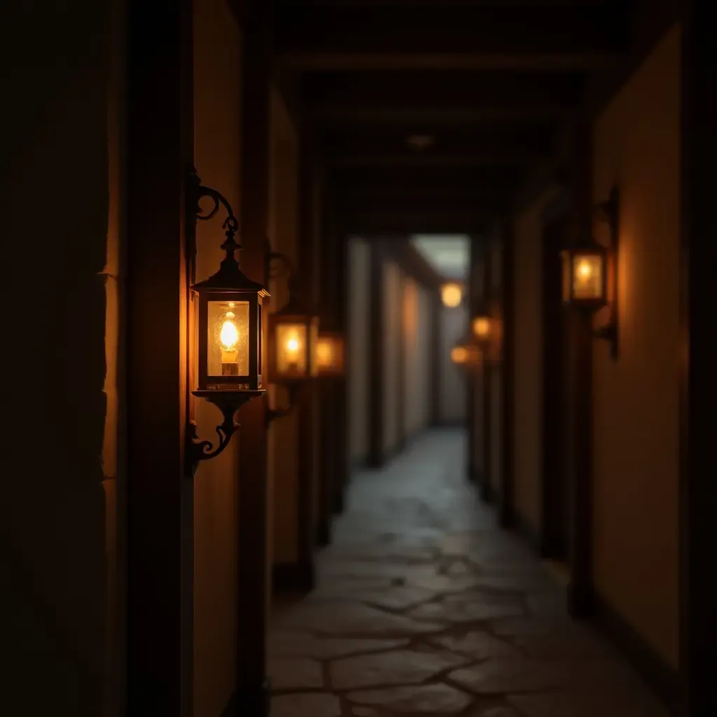 a photo of a wooden lantern illuminating a corridor