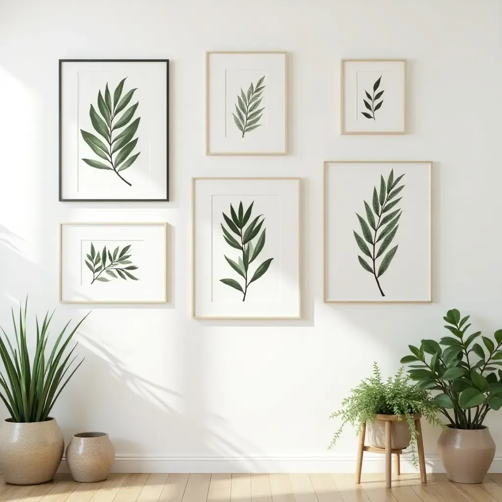 a photo of a gallery wall adorned with botanical prints and greenery accents