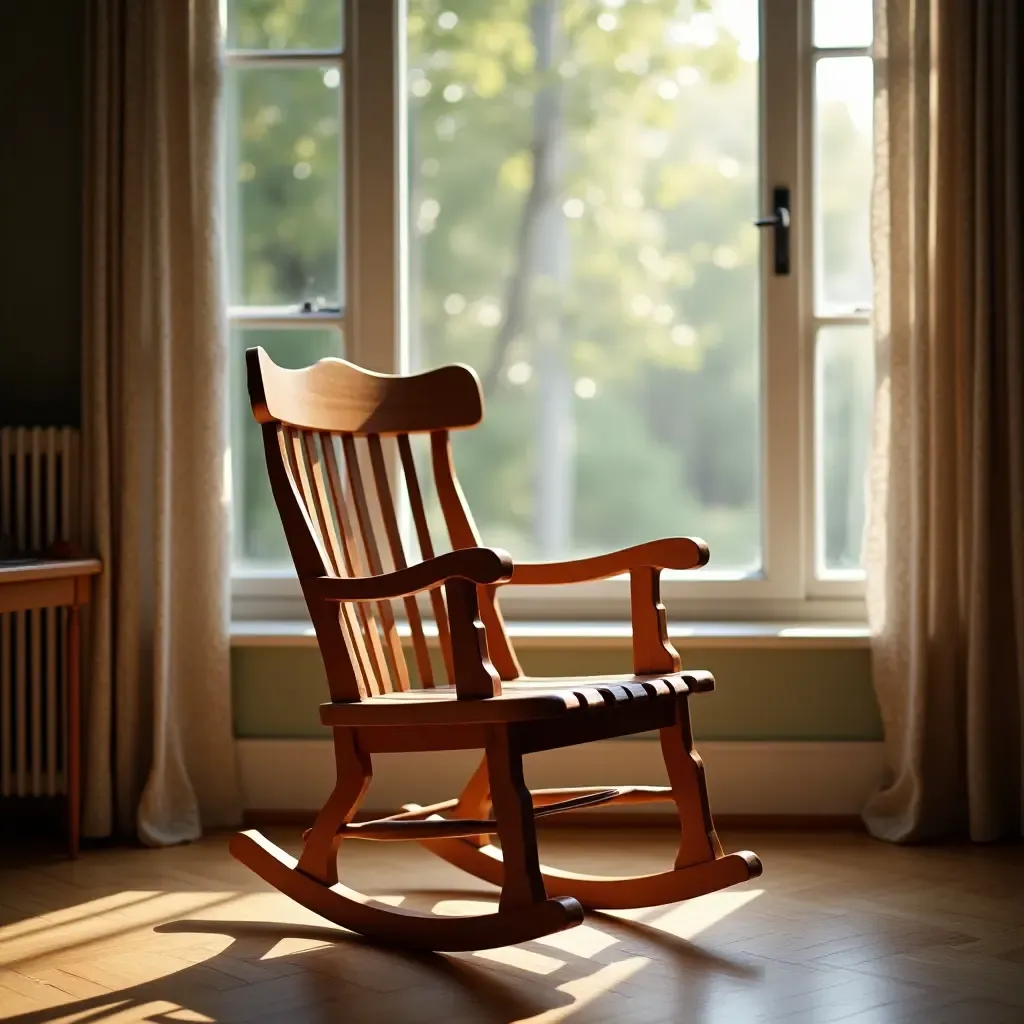 a photo of a charming wooden rocking chair beside a window