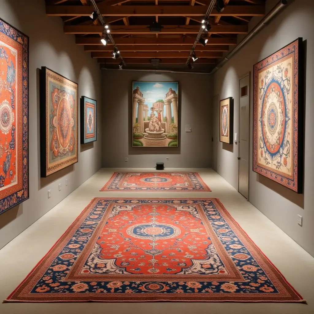 a photo of a striking, colorful rug in a basement art gallery