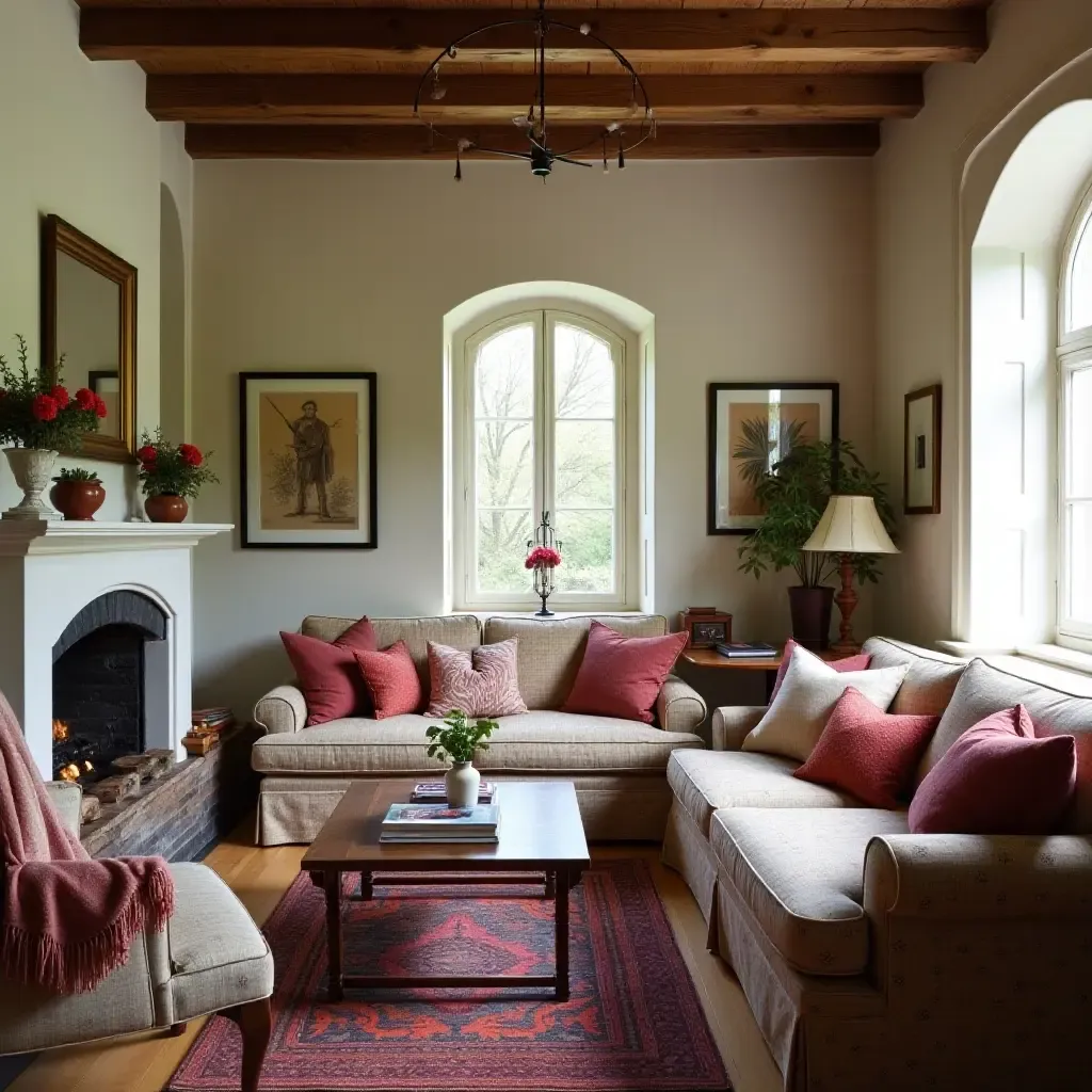 a photo of a cozy colonial living room with a mix of patterned cushions and throws