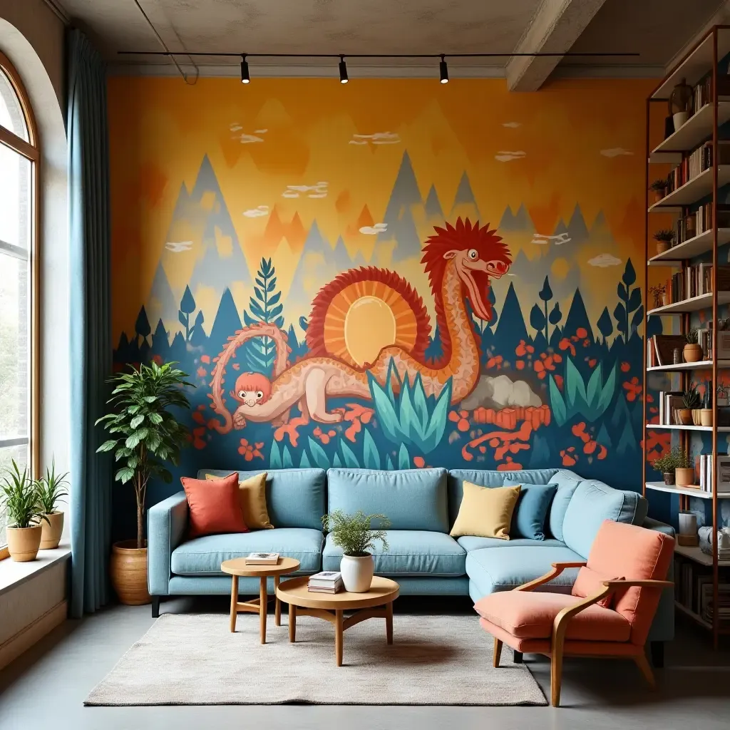 a photo of a vibrant mural painted on an accent wall