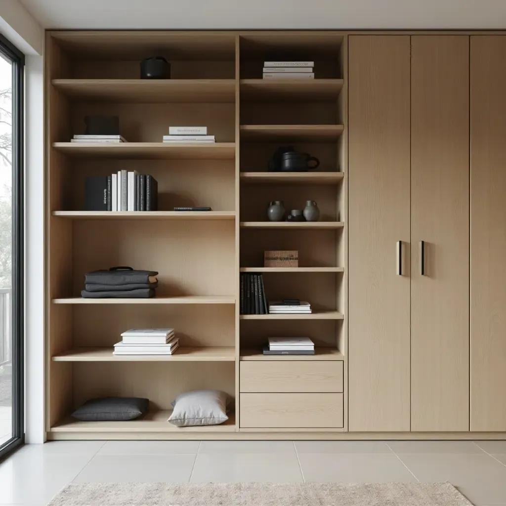 a photo of a corridor shelving unit with a mix of open and closed storage