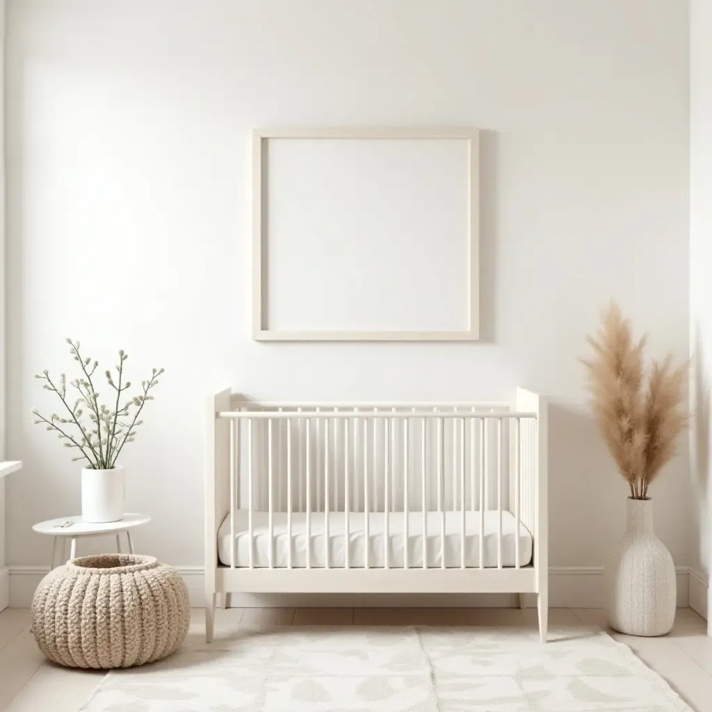 a photo of a serene nursery featuring a soft color scheme and farmhouse decor