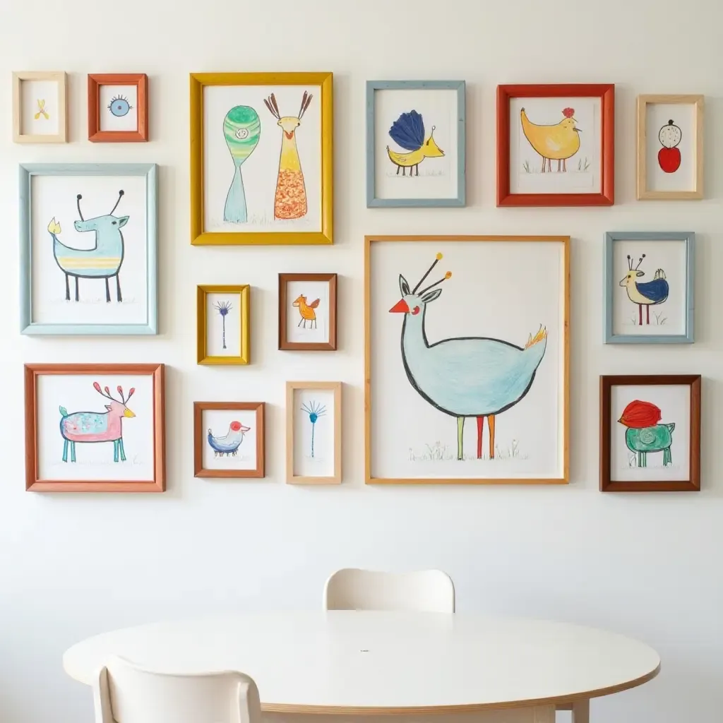 a photo of a gallery wall displaying children&#x27;s artwork in colorful frames