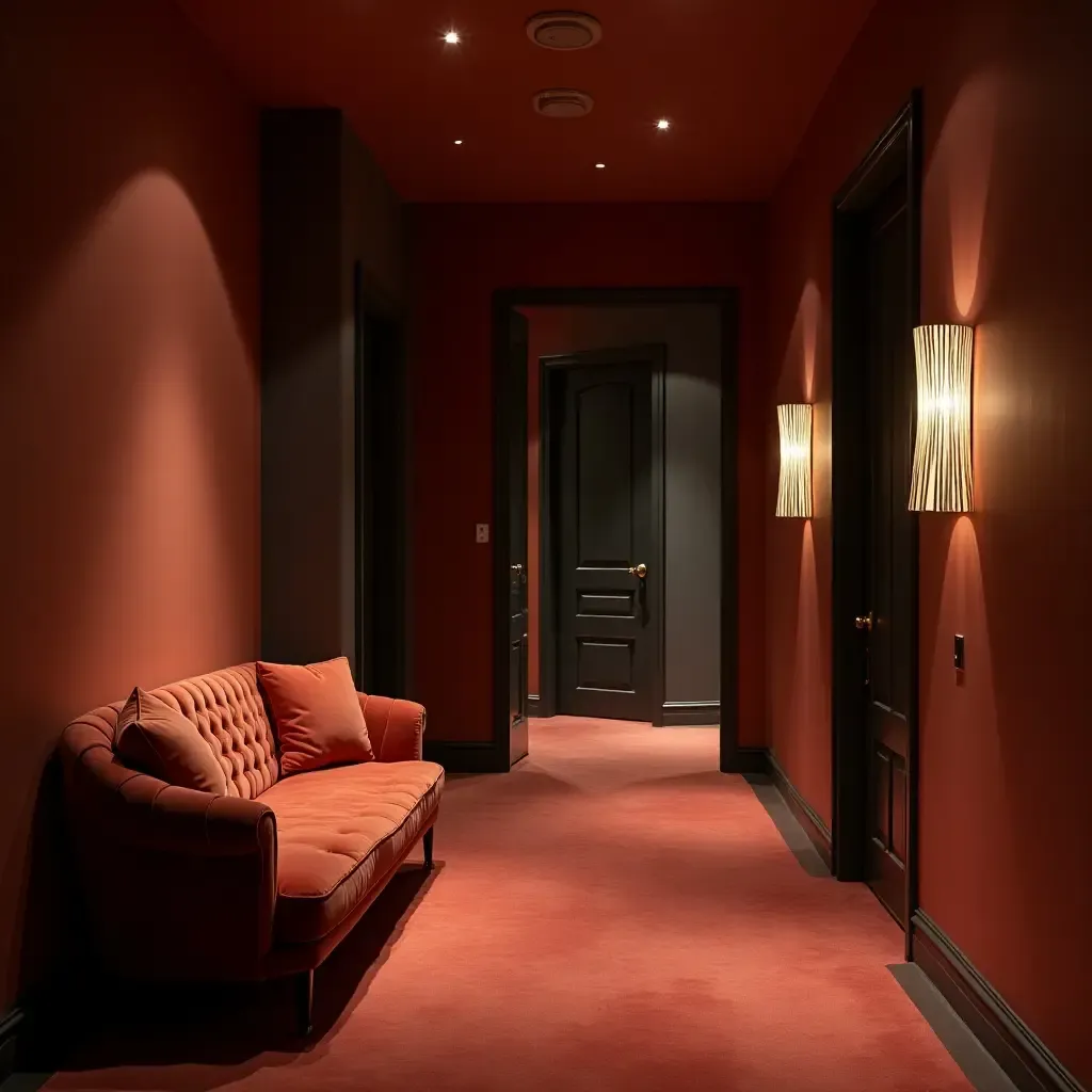 a photo of a chic corridor with a velvet sofa and ambient lighting