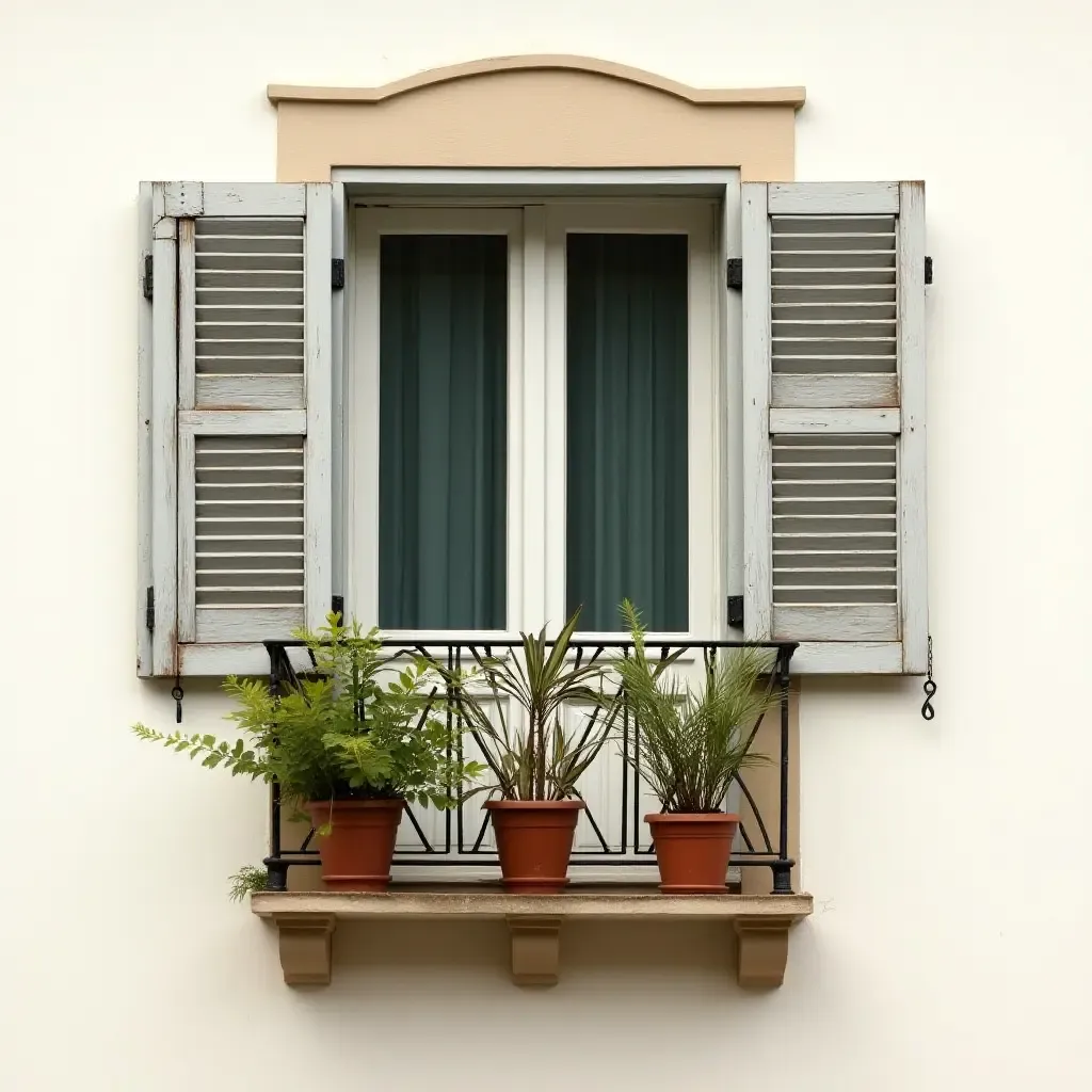 a photo of a balcony adorned with vintage shutters and potted plants