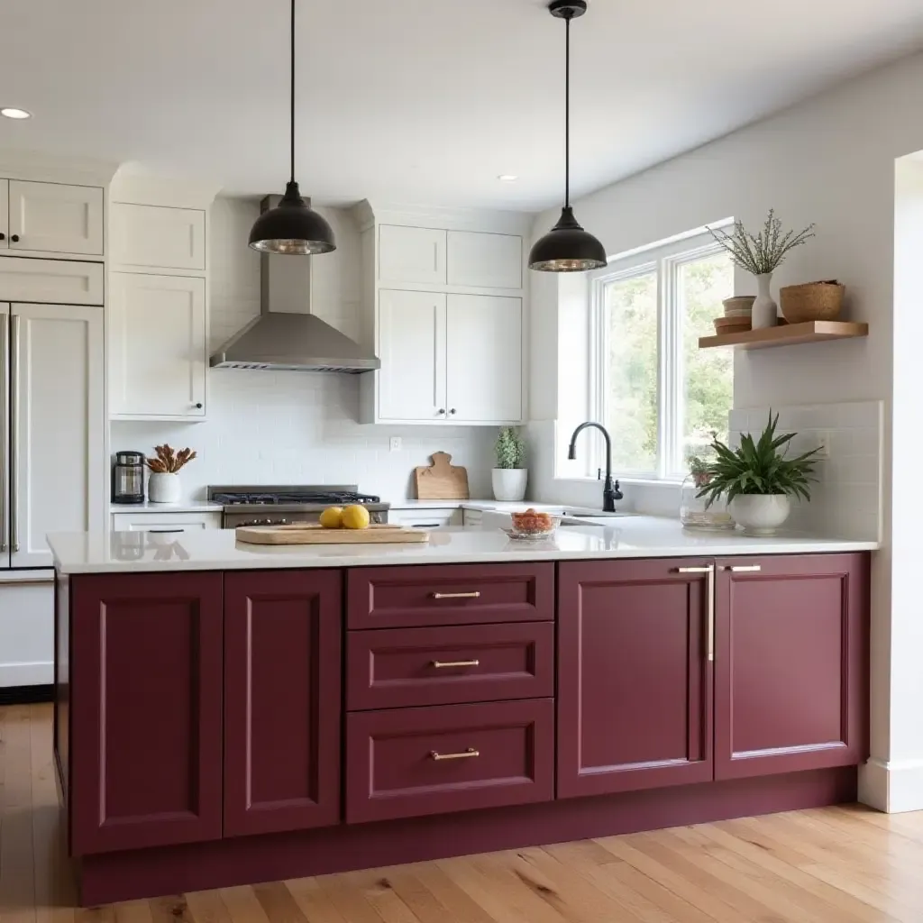 a photo of classic white and deep burgundy kitchen cabinets