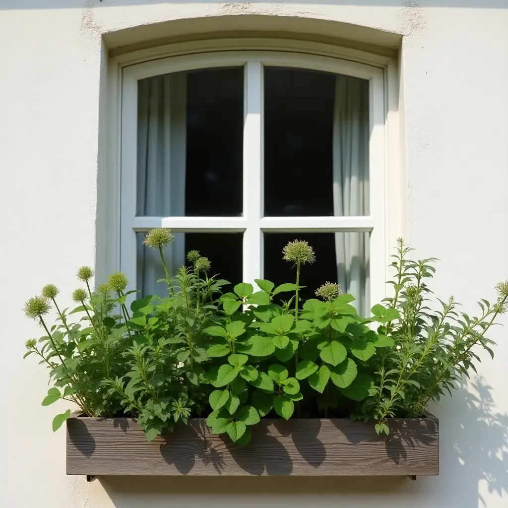 a photo of a quaint window box filled with herbs