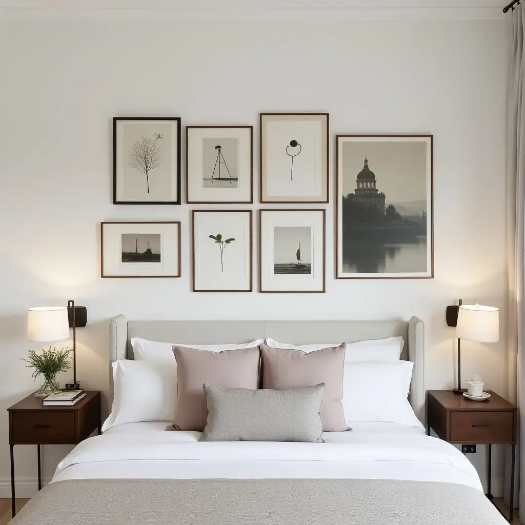 a photo of a chic bedroom featuring a gallery wall with personal art pieces