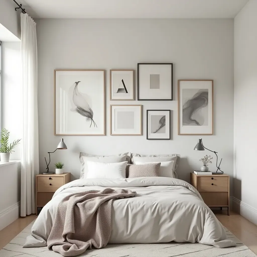 a photo of a modern teen bedroom with a gallery wall of simple art pieces