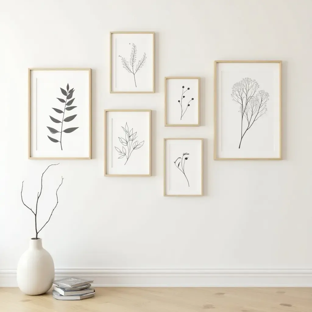 a photo of a gallery wall with botanical prints and natural wood frames