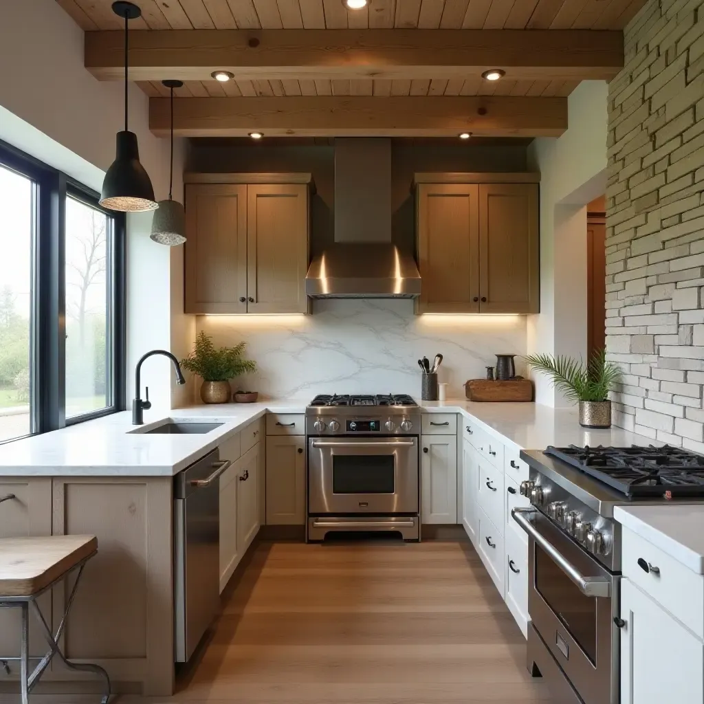 a photo of a farmhouse kitchen combining reclaimed wood, natural stone, and brushed metal