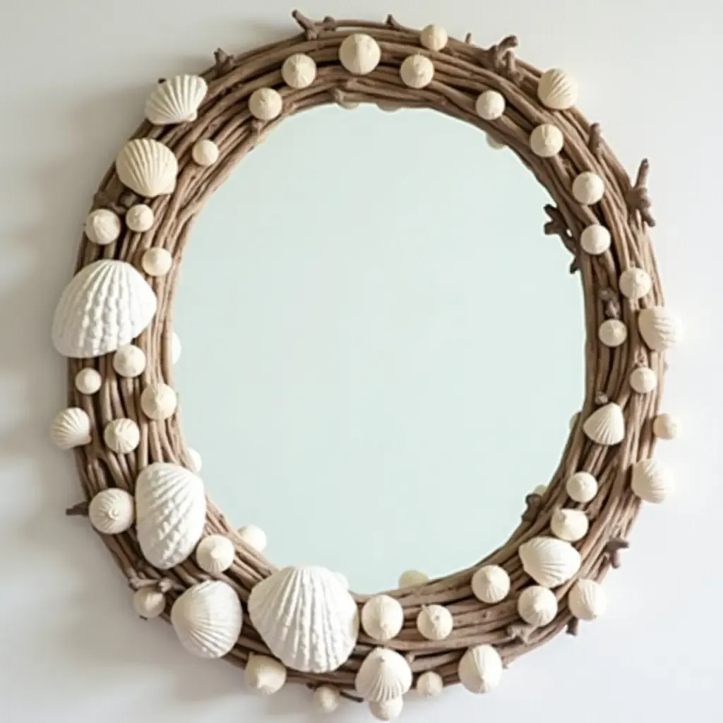 a photo of a bathroom mirror framed with seashells and driftwood