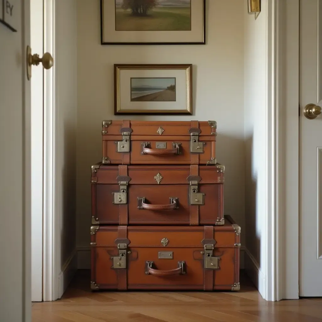 a photo of a vintage suitcase stacked on a hallway shelf