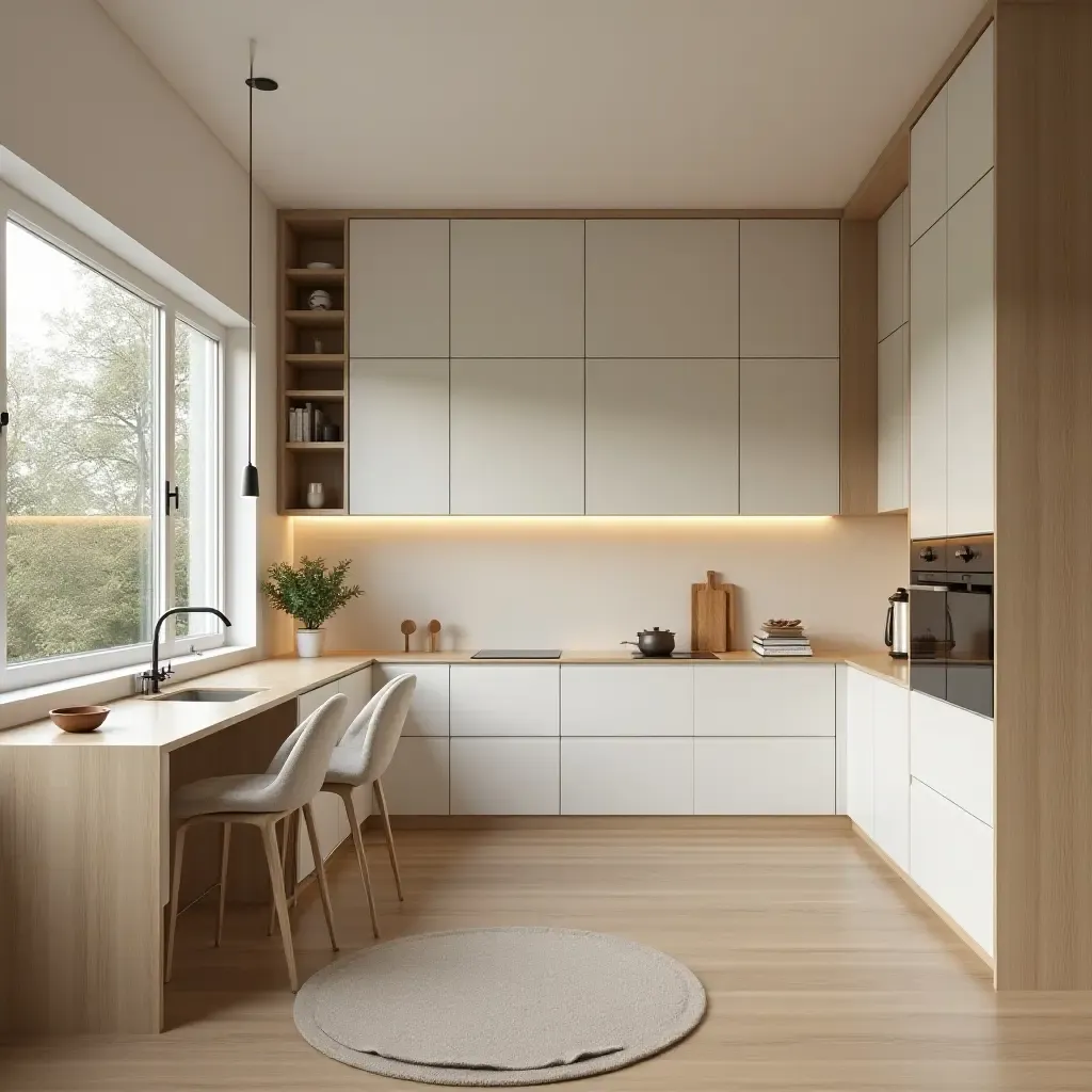 a photo of a kitchen with a light color scheme and natural wood elements