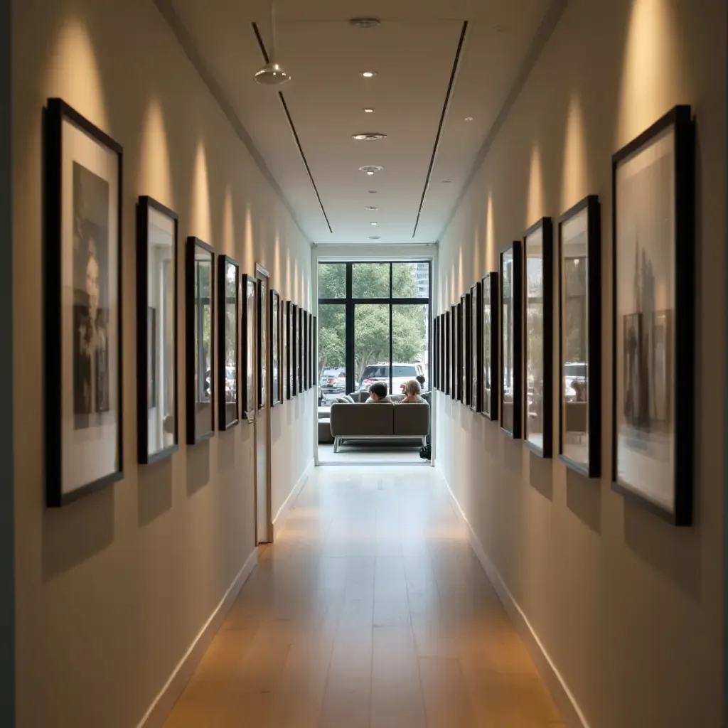 a photo of a narrow corridor with a gallery wall of photos