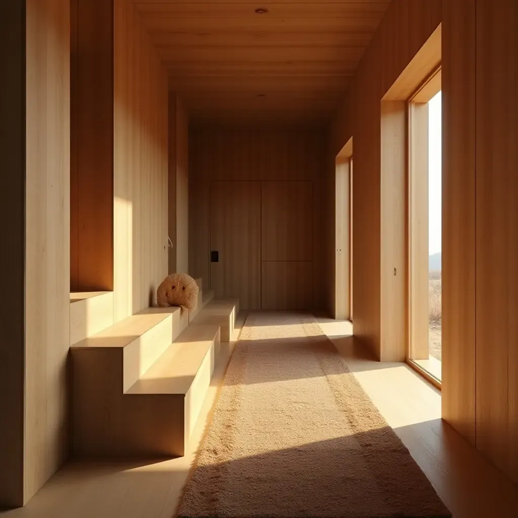 a photo of a corridor with wooden steps and a warm rug