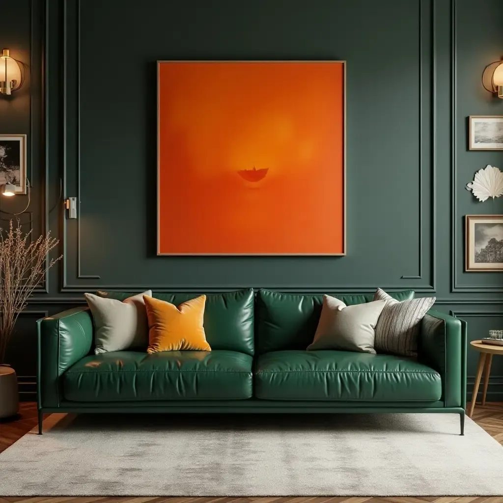 a photo of a sophisticated living room with dark green leather sofa and burnt orange art