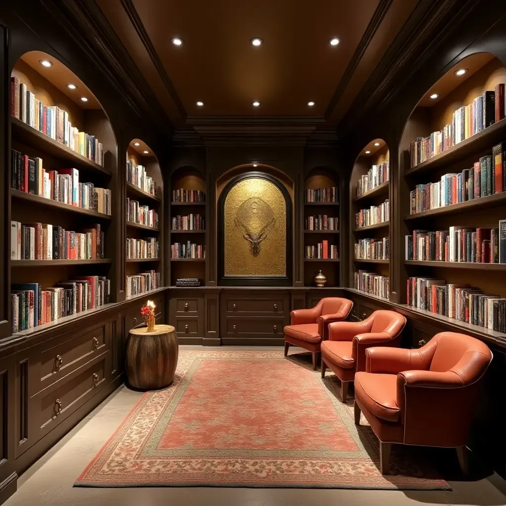 a photo of a basement library with whimsical bookshelves and cozy reading spots