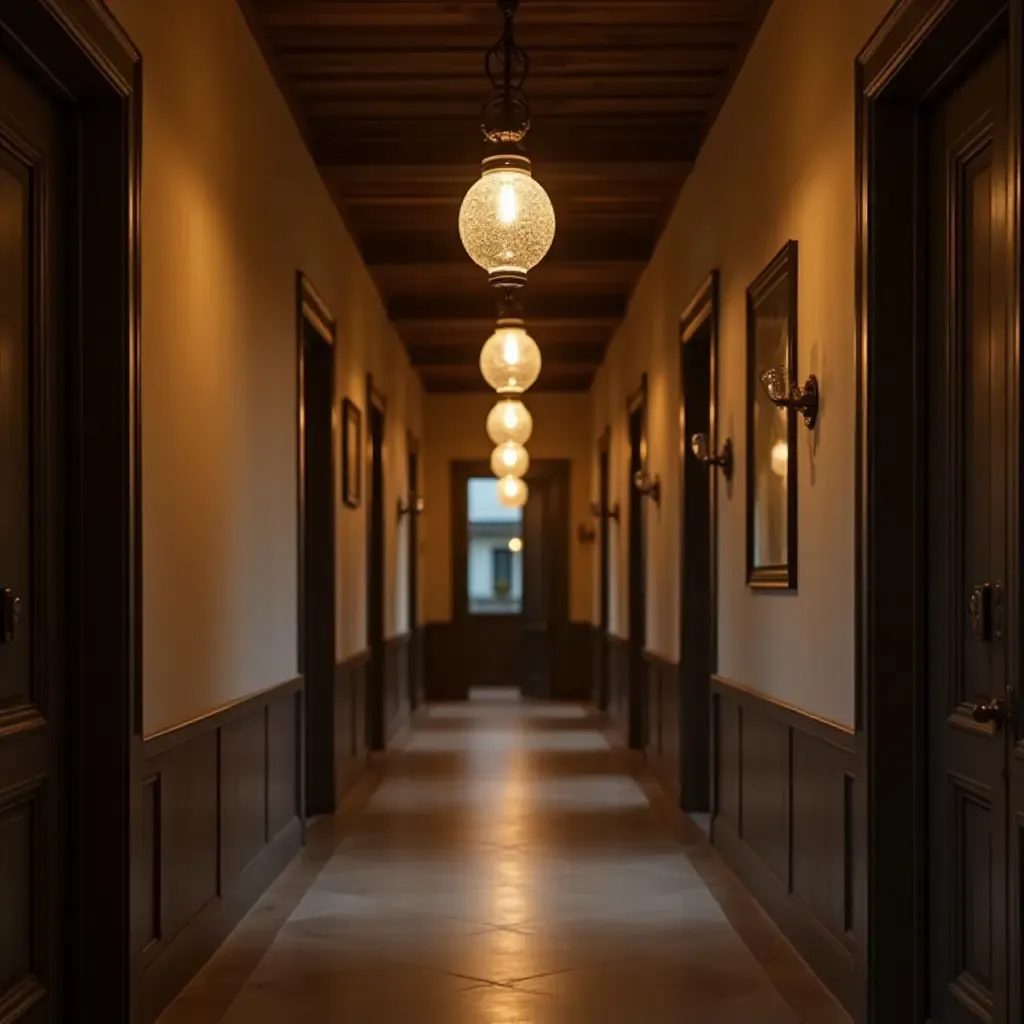 a photo of a corridor with pendant lights that evoke a vintage feel